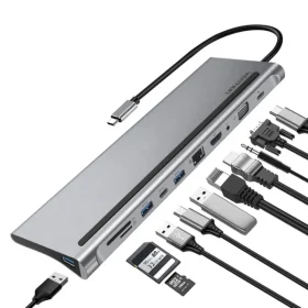 Vention 11 in 1 Multi-function USB-C Docking Station, USB-C to HDMI/VGA/USB-C Gen 1/USB 3.0 x2/USB 2.0/RJ45/SD/TF/TRRS 3.5mm/PD Docking Station 0.25M Gray Metal Type