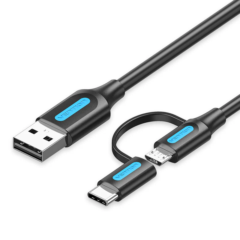 111222EDEDE Vention USB 2.0 A Male to 2-in-1 Micro-B & USB-C Male 3A Cable 0.5M Gray Aluminum Alloy Type