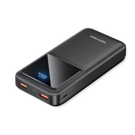 Vention 20000mAh Power Bank (Micro-USB + USB-C + USB-A + USB-A) with Integrated USB-C and Lightning Cables 22.5W Black LED Display Type
