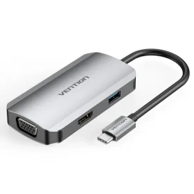 Vention USB C Multi-function 4 in 1 Docking Station, USB-C to HDMI/VGA/USB 3.0/PD Docking Station 0.15M Gray Aluminum Alloy Type