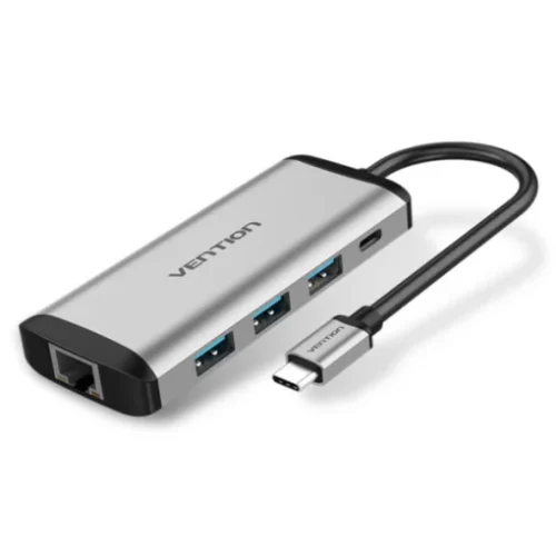 Vention 5 in 1 Docking Station, USB 3.0 to USB 3.0 x 3/RJ45/USB-C Hub 0.15M Blue Aluminum Alloy Type