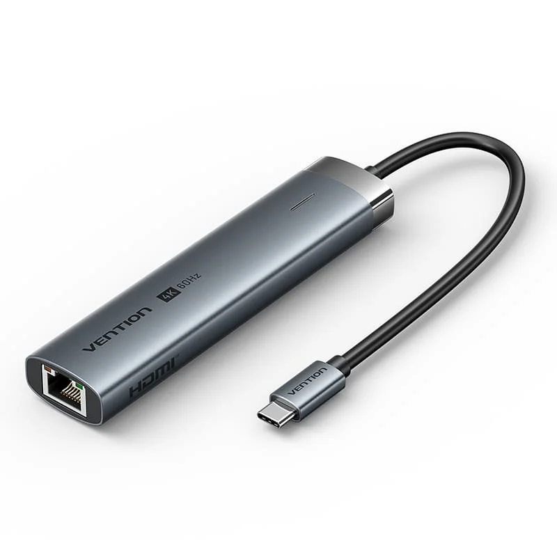 6-IN-1 Vention USB C Multi-function 6 in 1 Docking Station, Type-C to HDMI/USB 3.0 (3 Ports)/RJ45/PD (87W) Converter 0.5M Gray