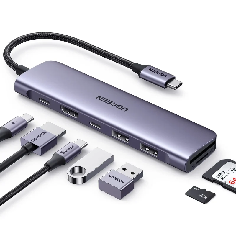 UGREEN 7-in-1 Multifunction Adapter – USB-C to USB3.0 (2 Port) + 4K HDMI + RJ45 + SD & TF Card Reader + PD Port Converter