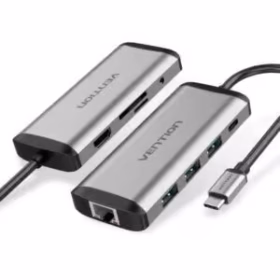 Vention USB C Multi-function 9 in 1 Docking Station, HDMI/USB 3.0 x3/RJ45/SD/TF/TRRS 3.5mm/PD Docking Station 0.15M Gray Aluminum Alloy Type (100W)
