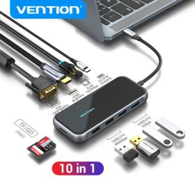 Vention USB C Multi-function 10 in 1 Docking Station, USB-C to HDMI/VGA/USB 3.0 x2/USB 2.0 x2/RJ45/TF/SD/PD Docking Station 0.15M Gray Mirrored Surface Type