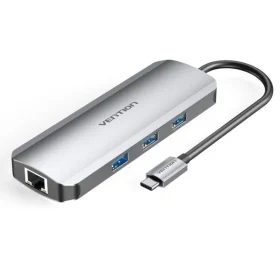 Vention USB C Multi-function 8 in 1 Docking Station, Type-C to HDMI/USB 3.0 x3/RJ45/TF/SD/PD Converter 0.15M Gray Metal Type (87W)