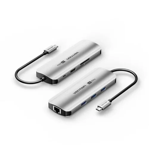 Vention USB C Multi-function 8 in 1 Docking Station to HDMI/USB 3.0 x3/RJ45/SD/TF/PD Docking Station 0.15M Gray Aluminum Alloy Type (100W)