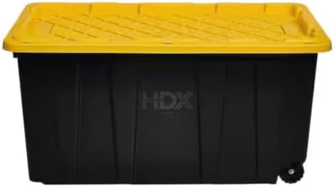 HDX 77 Gal. Tough Storage Tote with Wheels – Black with Yellow Lid