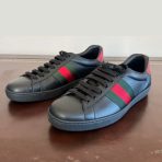 Gucci Ace Leather Sneakers 386750 02JR0 Black Red Web Stripe Men’s Size 6 Italy USA Pre-Owned