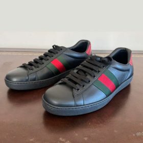 Gucci Ace Leather Sneakers 386750 02JR0 Black Red Web Stripe Men’s Size 6 Italy USA Pre-Owned