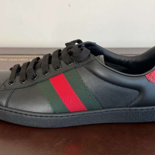 Gucci Ace Leather Sneakers 386750 02JR0 Black Red Web Stripe Men’s Size 6 Italy USA Pre-Owned